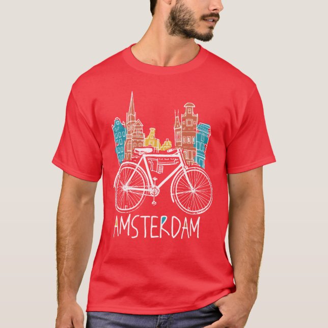 Retro Amsterdam Stad Nederländerna Cykel T Shirt (Framsida)