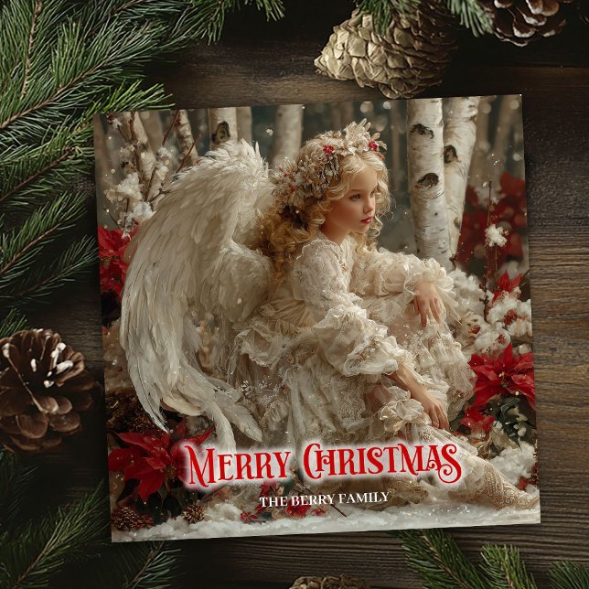 Retro änglaengel röd guld festlig förtrollande  julkort (Retro angelic angel red gold festive enchanting card)