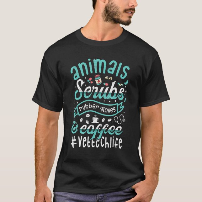 Retro Animals Scrubs Rubber Gloves And Coffee Vet  T Shirt (Framsida)