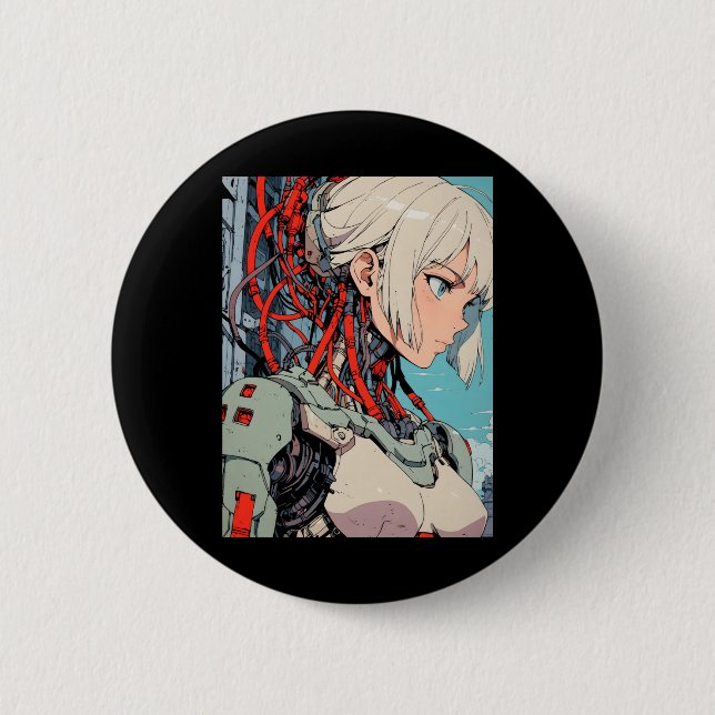 Retro Anime Cybernetic Android Flicka Futuristisk  Knapp (Framsida)