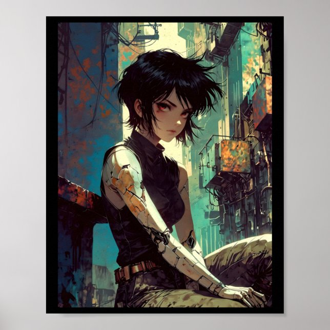 Retro Anime Cyberpunk Flicka Dystopisk Framtid Kri Poster (Framsidan)