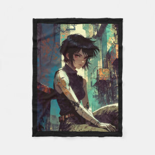 Retro Anime Cyberpunk Tjej Dystopisk Framtid Kriga Fleecefilt