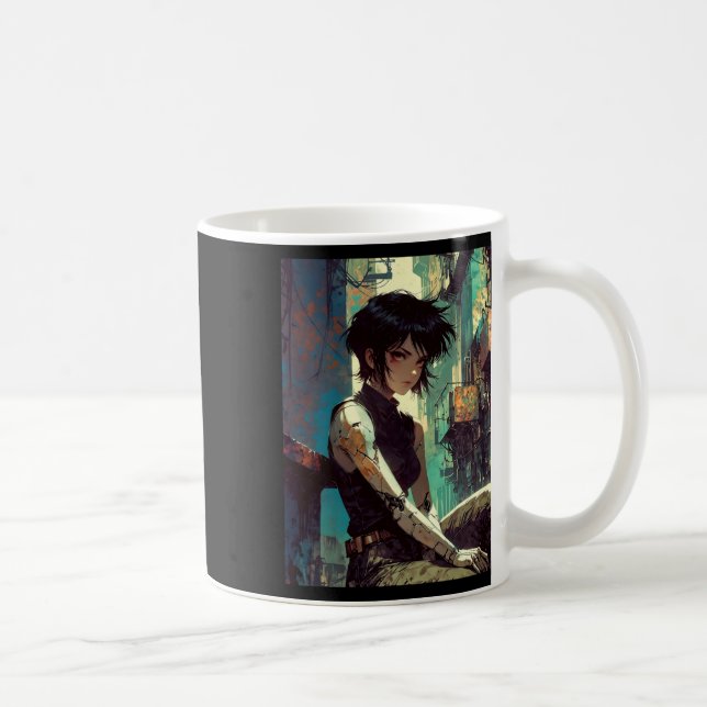 Retro Anime Cyberpunk Tjej Dystopisk Framtid Kriga Kaffemugg (Höger)