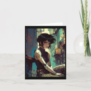 Retro Anime Cyberpunk Tjej Dystopisk Framtid Kriga Kort