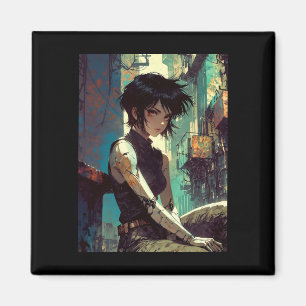 Retro Anime Cyberpunk Tjej Dystopisk Framtid Kriga Magnet