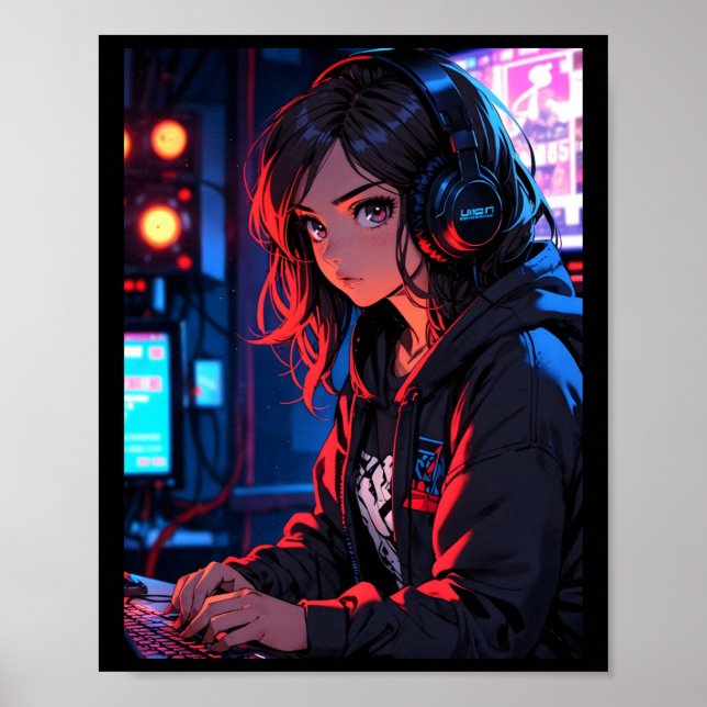 Retro Anime Flicka Gamer Cyberpunk Strömningsinstä Poster (Framsidan)