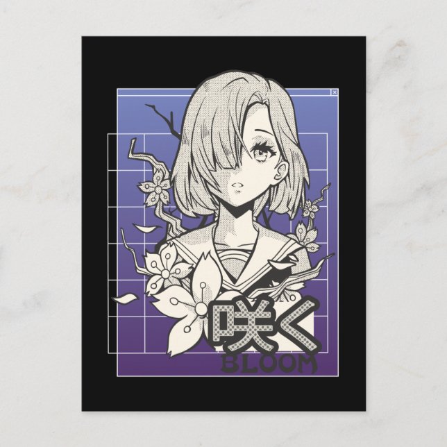 Retro Anime Girl Otaku Manga Tecknad Tonåring japa Vykort (Framsida)