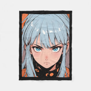 Retro Anime Intensiv Tjej Blåa Hår Estetisk Kliste Fleecefilt