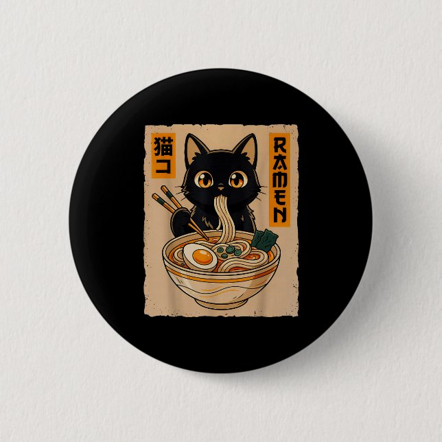 Retro Anime Kawaii Black Cat Eating Ramen Noodles  Knapp (Framsida)
