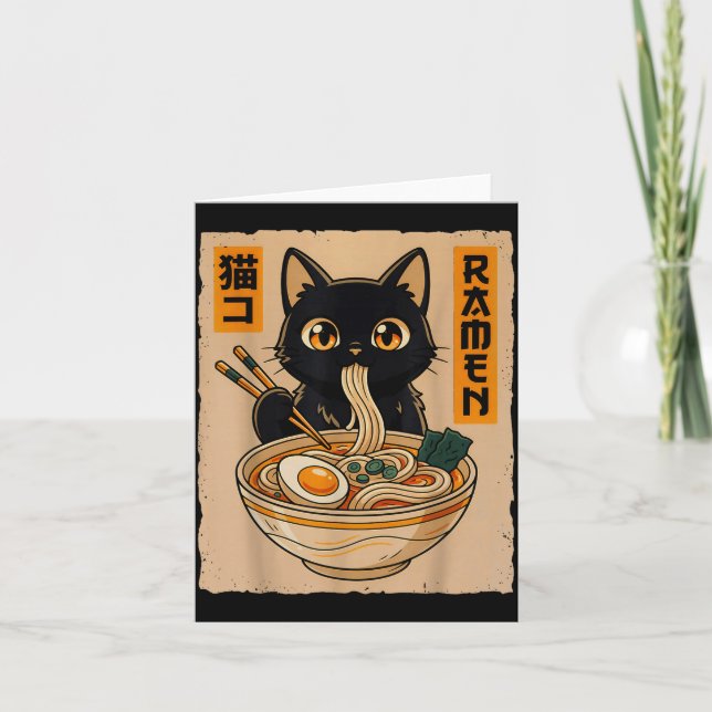 Retro Anime Kawaii Black Cat Eating Ramen Noodles  Kort (Framsida)