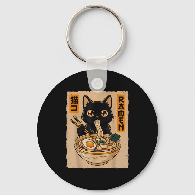Retro Anime Kawaii Black Cat Eating Ramen Noodles  Nyckelring (Framsida)
