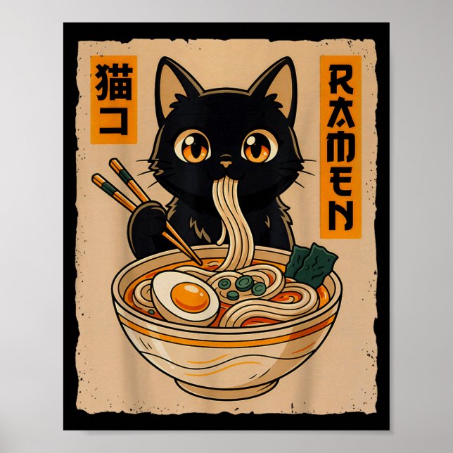 Retro Anime Kawaii Black Cat Eating Ramen Noodles  Poster (Framsidan)