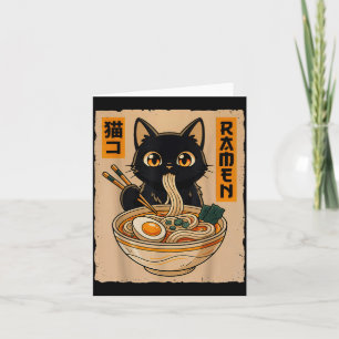 Retro Anime Kawaii Svart Katt som äter Ramen Nudla Kort