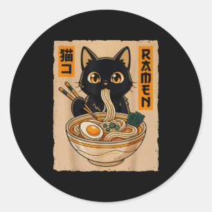 Retro Anime Kawaii Svart Katt som äter Ramen Nudla Runt Klistermärke