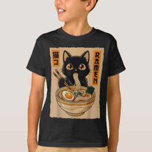 Retro Anime Kawaii Svart Katt som äter Ramen Nudla T Shirt