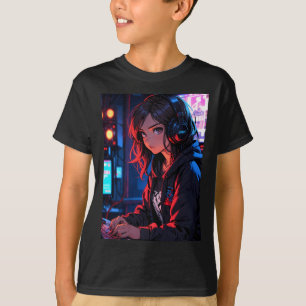 Retro Anime Tjej Gamer Cyberpunk Strömningsinställ T Shirt