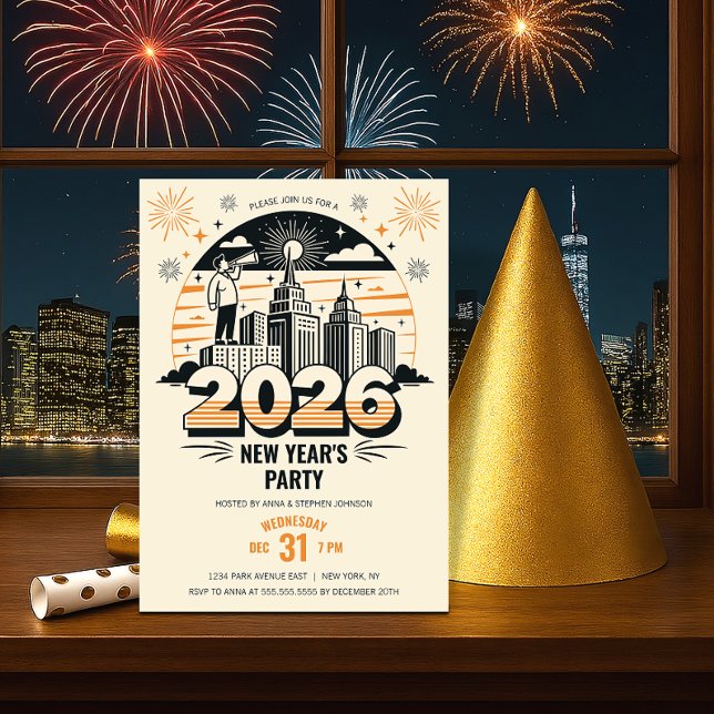 Retro annonser om 2026 års nyår Party Inbjudningar (Retro New Year's party invitation front view.)