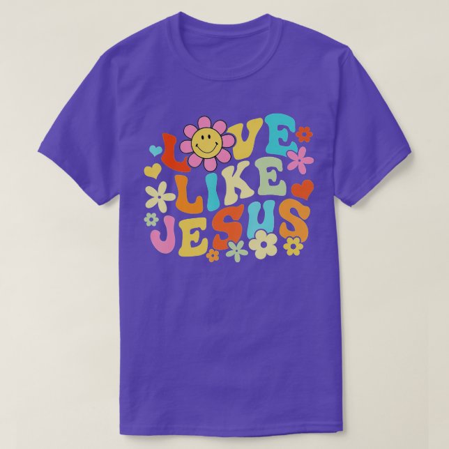Retro Ansikte Kärlek som Jesus Boho Flowers T Shirt (Design framsida)