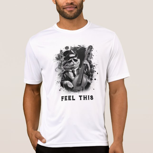 *~* Retro AP91 Bass Guitar Player Music Cat T Shirt (Framsida)