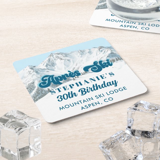 Retro Apres Ski Vinter Fjäll Födelsedagsfest Underlägg Papper Kvadrat (Skapare uppladdad)