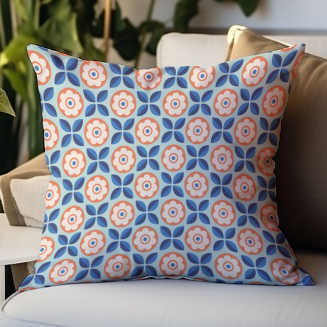 Retro Apricot Navy Aqua Blommönster Kudde (Skapare uppladdad)