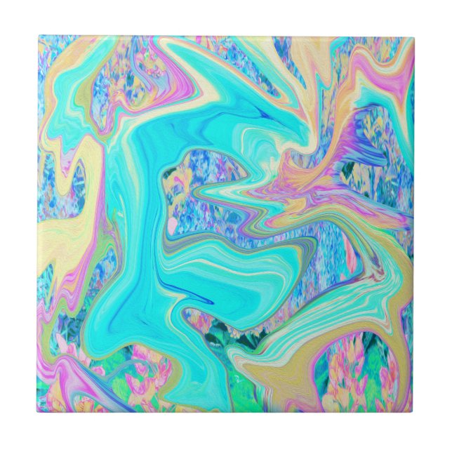 Retro Aqua Blå Flytande Konst på Abstrakt Hortensi Kakelplatta (Framsidan)