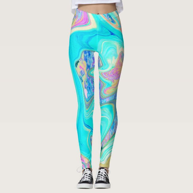 Retro Aqua Blå Flytande Konst på Abstrakt Hortensi Leggings (Framsida)