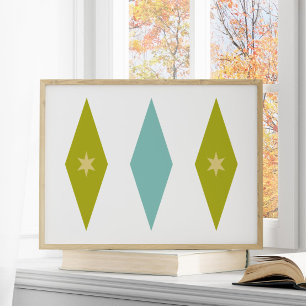 Retro Aqua Blue Grönt Gult Stars Diamanter Poster