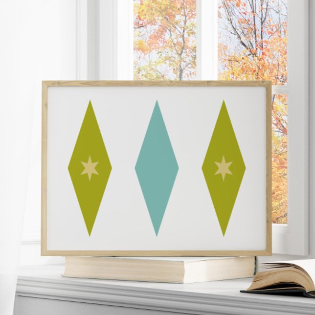 Retro Aqua Blue Grönt Gult Stars Diamanter Poster (Skapare uppladdad)