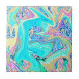 Retro Aqua Blue Liquid Art on Abstrakt Hydrangeas Kakelplatta