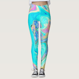 Retro Aqua Blue Liquid Art on Abstrakt Hydrangeas Leggings