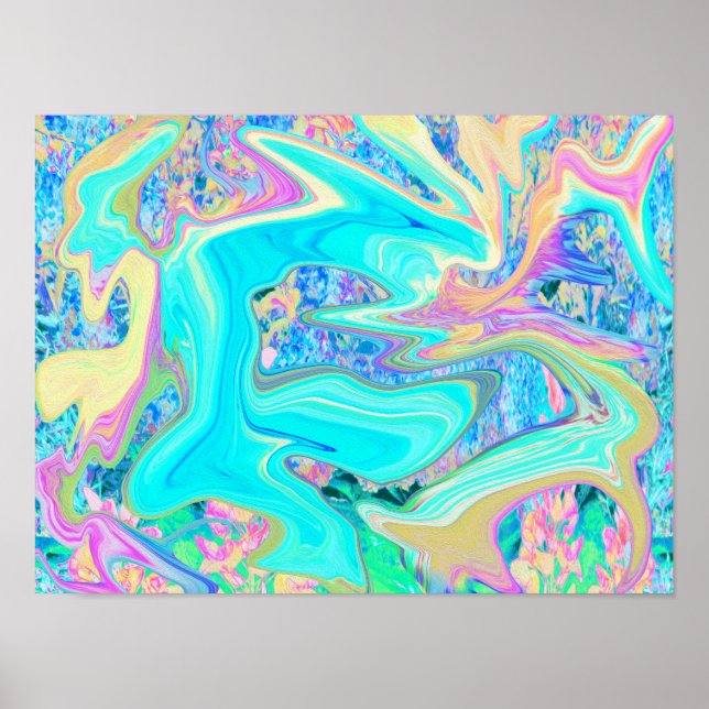 Retro Aqua Blue Liquid Art on Abstrakt Hydrangeas Poster (Framsidan)