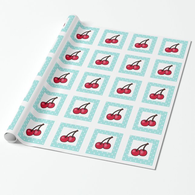 Retro Aqua Dots Cherries Presentpapper (Utrullad)