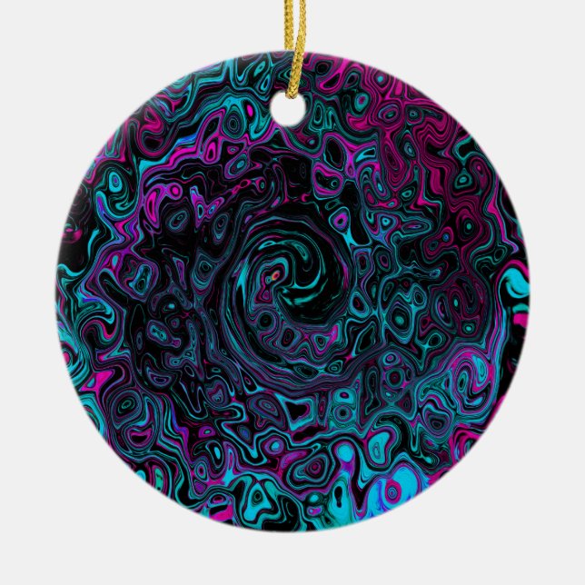Retro Aqua Magenta och Black Abstrakt Swirl Julgransprydnad Keramik (Framsidan)