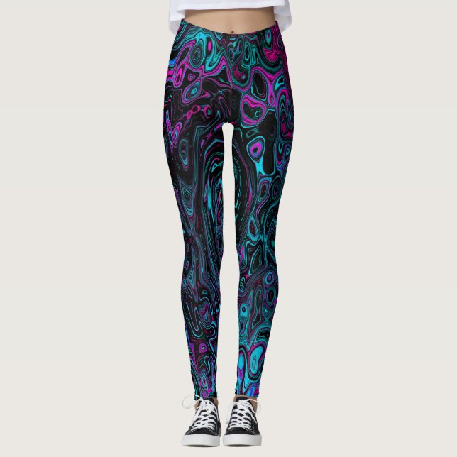 Retro Aqua Magenta och Black Abstrakt Swirl Leggings (Framsida)