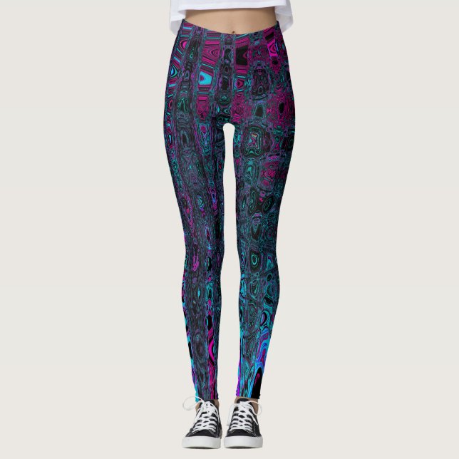 Retro Aqua Magenta och Black Abstrakt Vinkarare Leggings (Framsida)