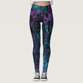 Retro Aqua Magenta och Svart Abstrakt Virvel Leggings
