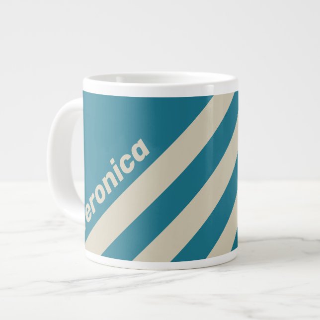 Retro Aquamarine Tre Ränder med Namn Jumbo Mugg (Framsida vänster)