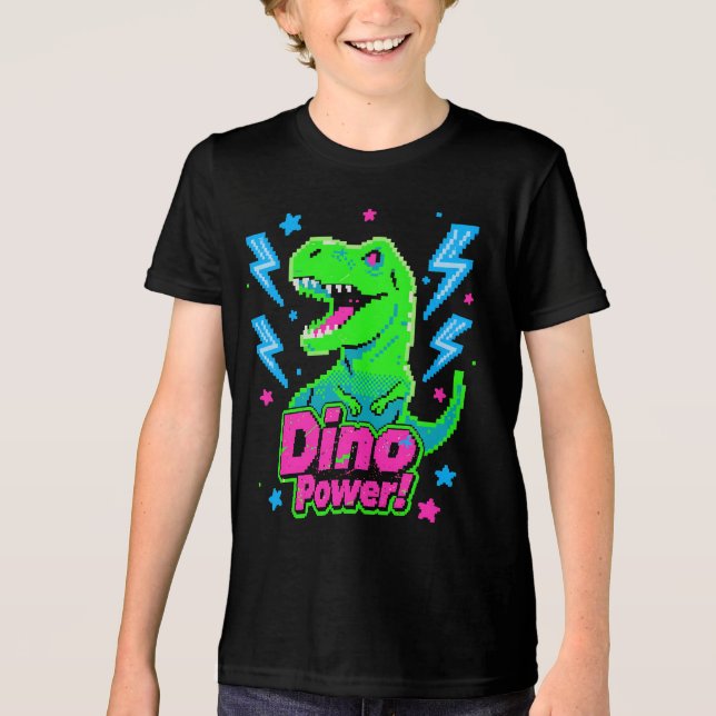 Retro Arcade Dino Power Pixel T-Rex T Shirt (Framsida)
