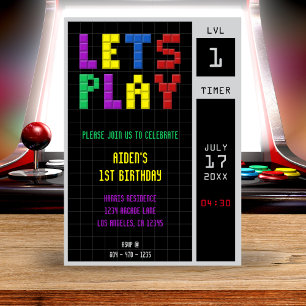 Retro Arcade Game Kids 1:a födelsedag Party Inbjudningar
