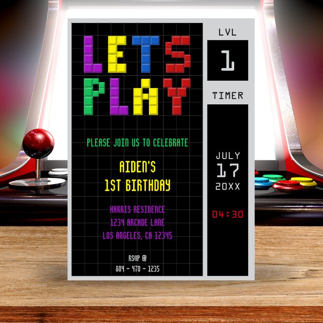 Retro Arcade Game Kids 1:a födelsedag Party Inbjudningar (Retro Arcade Game Kids 1st Birthday Party Invitation
)