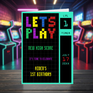 Retro Arcade Game Kids 1:a födelsedag Tack Kort