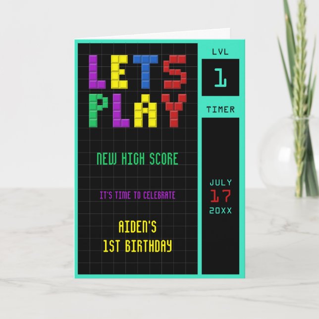 Retro Arcade Game Kids 1:a födelsedag Tack Kort (Framsida)