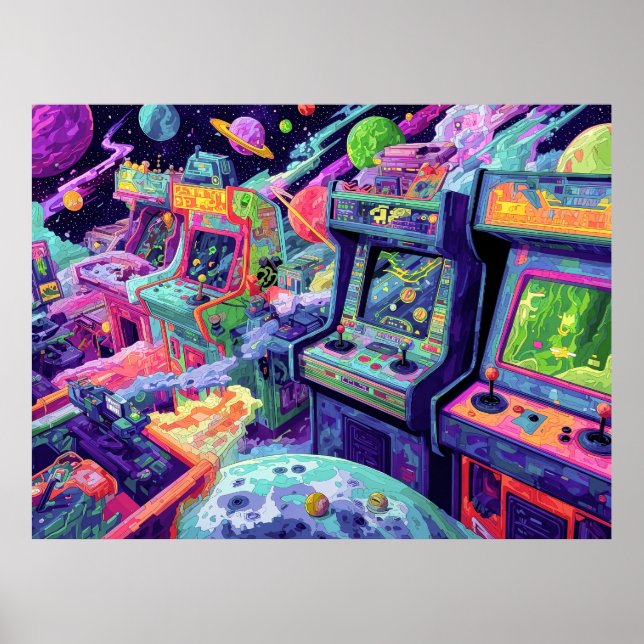 Retro Arcade Machines in Space Poster (Framsidan)