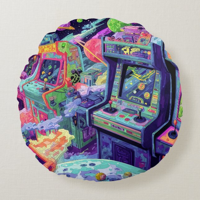 Retro Arcade Machines in Space Rund Kudde (Framsidan)