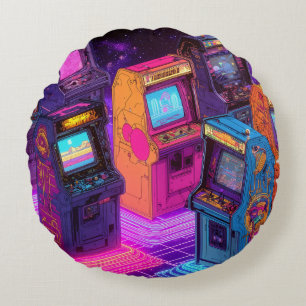 Retro Arcade Maskiner Rund Kudde