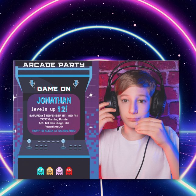 Retro Arcade Photo Birthday Boy | Game On Party Inbjudningar (Skapare uppladdad)
