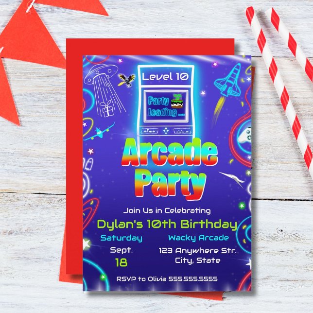 Retro Arcade Power Up-Födelsedagsfesten för spel Inbjudningar (Skapare uppladdad)