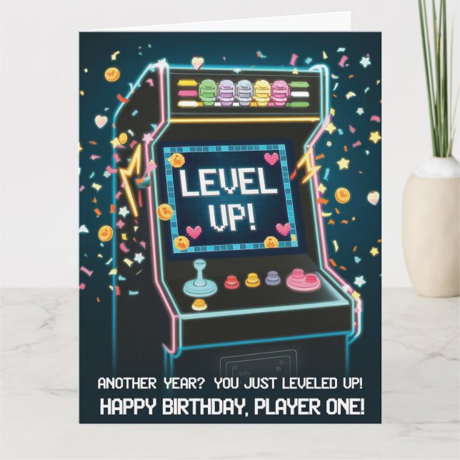 Retro Arcade-Thrade Birthday - "Nivå upp!" Spelare Kort (Framsida)