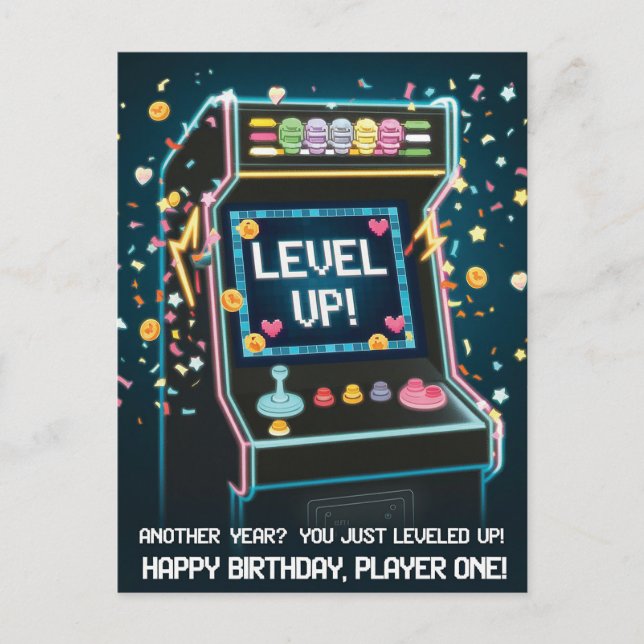 Retro Arcade-Thrade Birthday - "Nivå upp!" Spelare Vykort (Framsida)